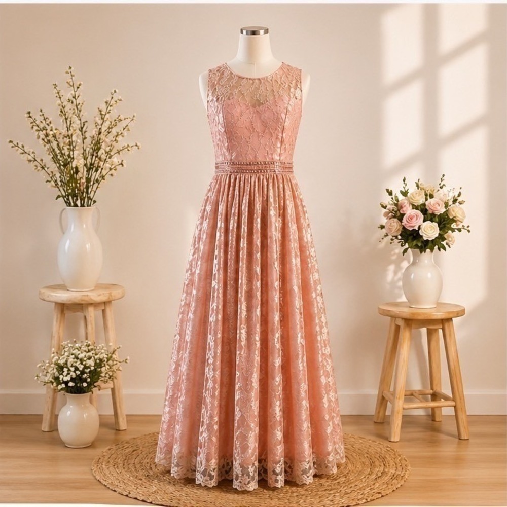 Tween Diva Maxi Dress Girls Sz 14 Coral Lace Beaded Formal Gown Wedding Prom Y2K